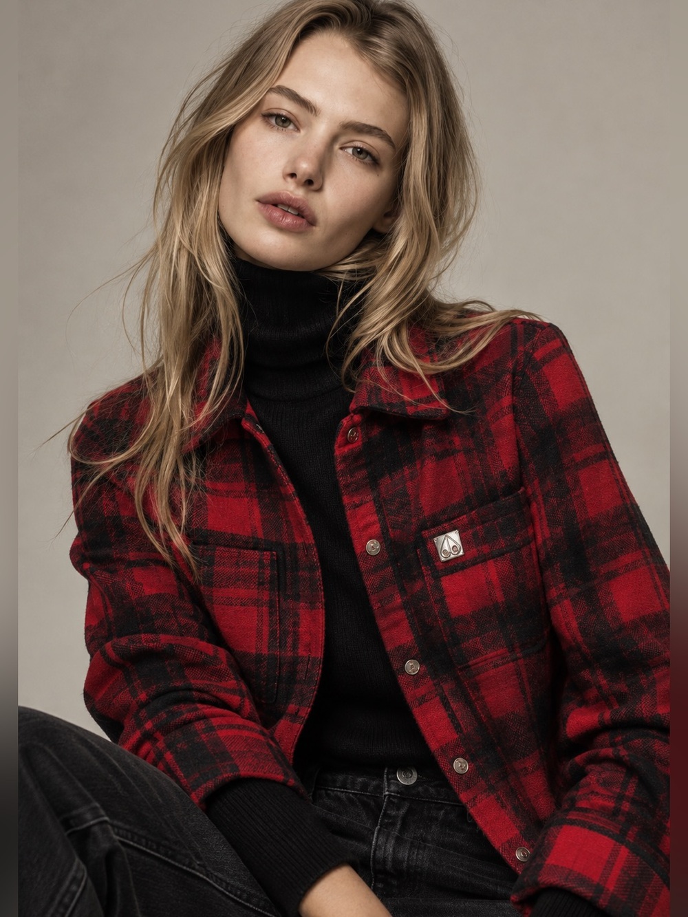 Moose Knuckles Buffalo Red & Black Plaid Snap-Front Shirt Jacket XS